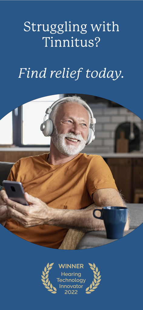 MindEar | Tinnitus Relief - A man wearing white headphones and using the MindEar app for tinnitus relief
