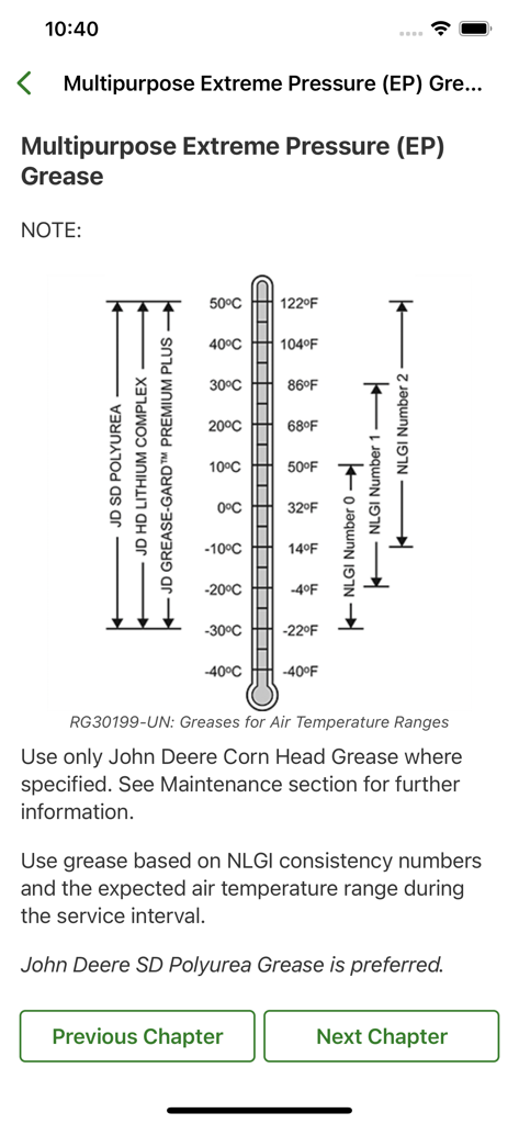 Aplicativo Equipamento Móvel John Deere exibindo um gráfico de faixa de temperatura de graxa do manual do operador digital