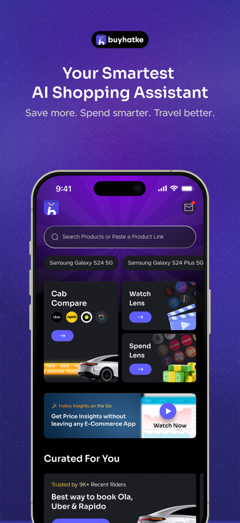 Buyhatke:AI Shopping assistant - Startbildschirm der Buyhatke KI-Shopping-Assistent-Mobil-App mit Funktionen wie Preisvergleich und Einkaufseinblicken.