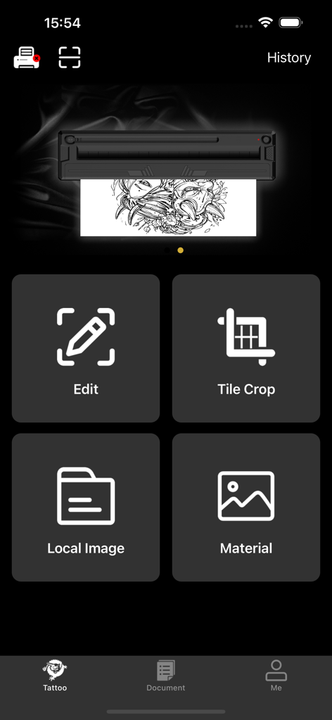 TATTOO PRT - Pantalla de inicio de la aplicación TATTOO PRT que muestra opciones para editar e imprimir stencils de tatuajes a través de una impresora térmica.