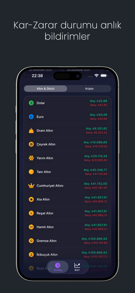 Varlık takibi - Varlık takibi mobile app interface displaying real-time exchange rates for gold and various foreign currencies