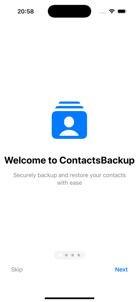 Contacts Backup- 3000 - Welcome screen of the Contacts Backup app with a prompt to securely backup and restore contacts.