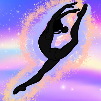 gymnast doing a leap in a leotard with a bent back leg
