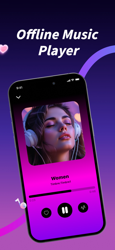 ToneSnap app interface showing an offline music player with playback controls and album art