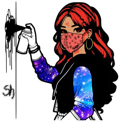 realistic girl with mask spray painting a wall