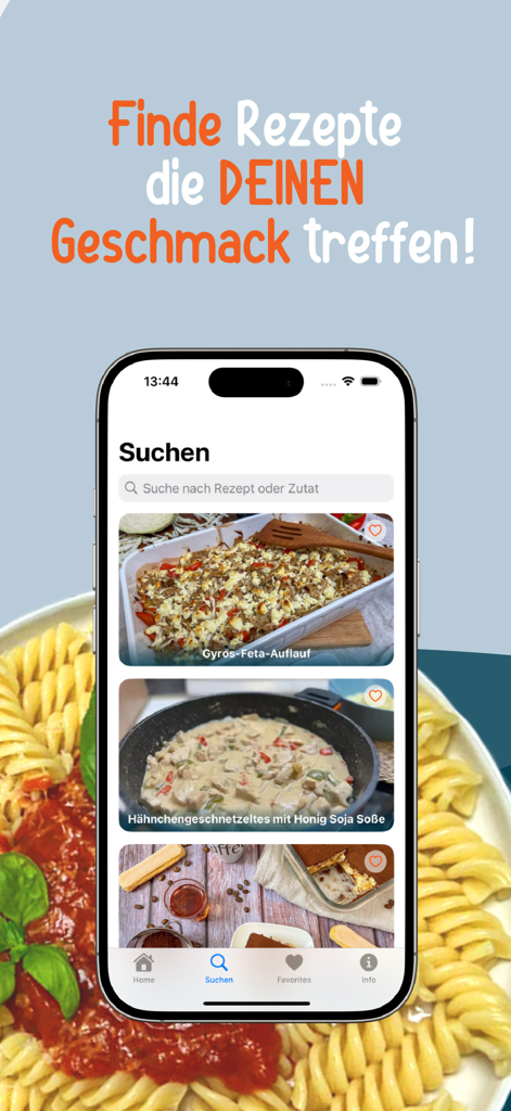 Bianca's Kitchen - A smartphone displaying the search interface of the Biancas Kitchen app with various cooking recipes like gyros and chicken
