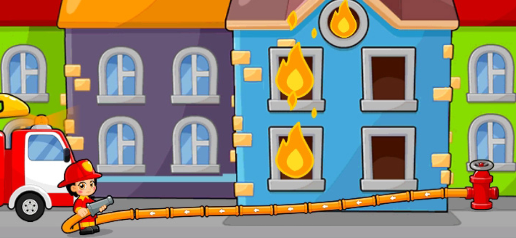 Pompiere dei cartoni animati che spegne fiamme in un edificio per un gioco per bambini