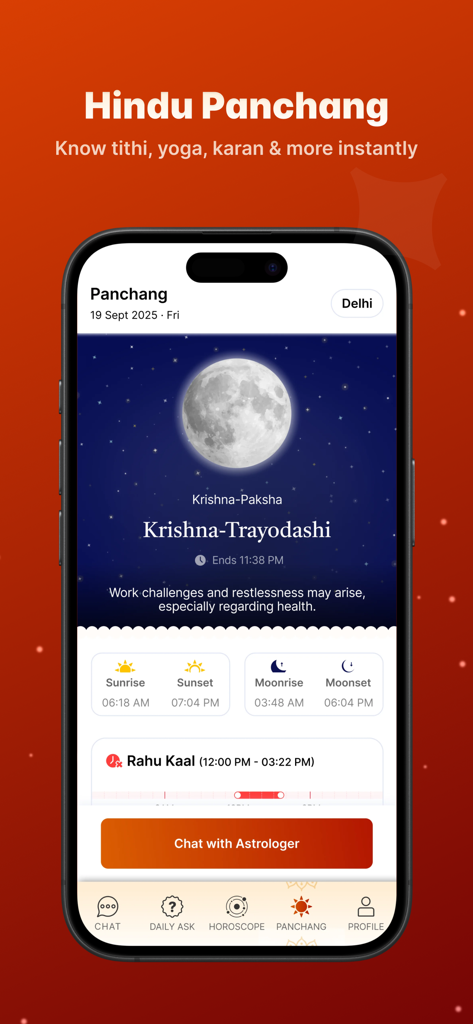 A mobile app interface showing Hindu Panchang with lunar phase and daily astrological timings