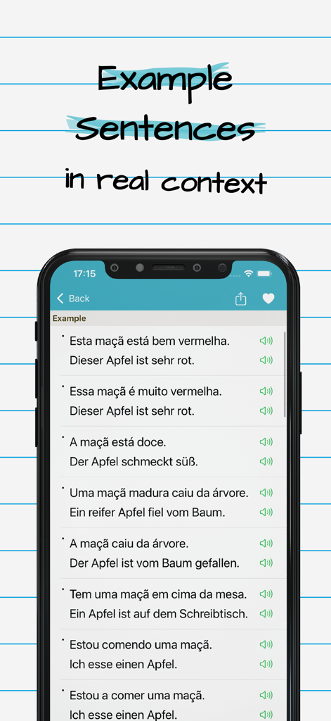 Frases de exemplo em alemão e português com ícones de áudio nativo para aprendizado de idiomas.