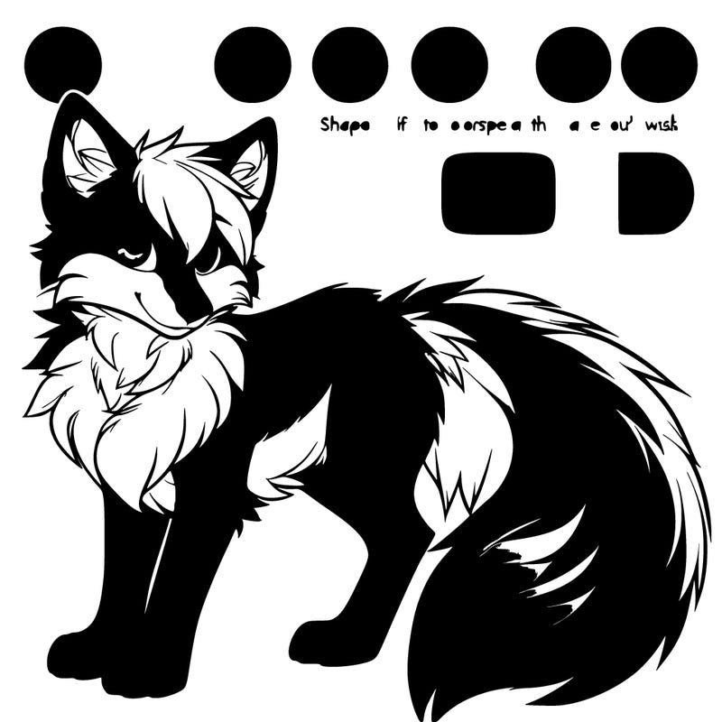 a fox furry, black , grey, blue, white, pattern that can shapeshift into other species of furries if wanted