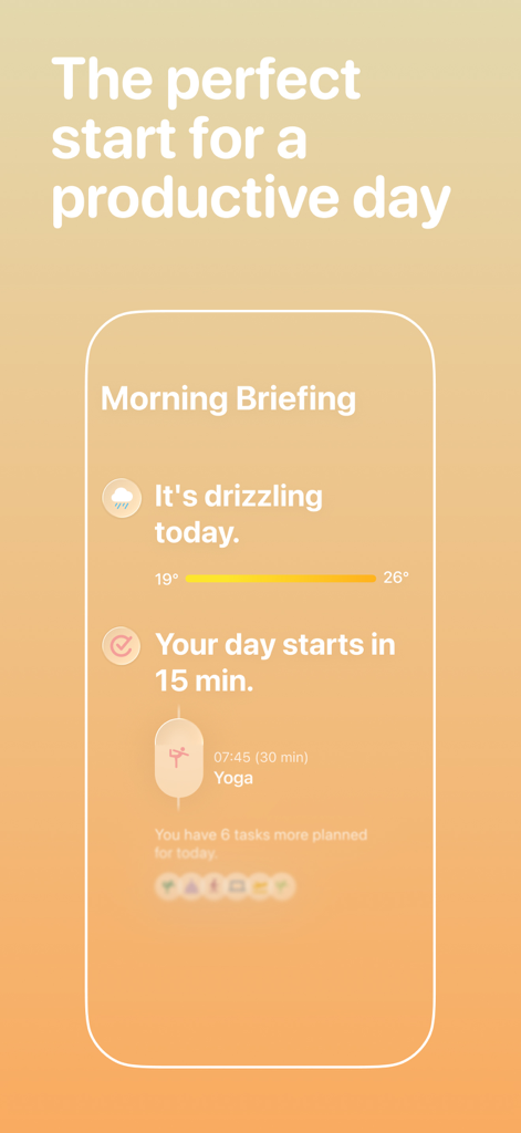 Awake app interface showing a morning briefing screen with weather updates and daily schedule details.