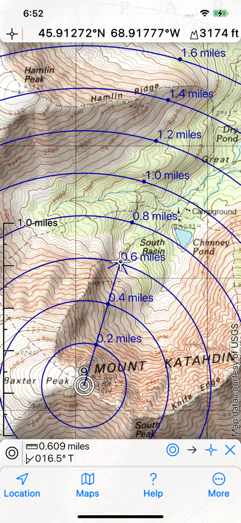 Topo Maps 2 - Topographic map of Mount Katahdin in Topo Maps 2 showing distance rings and contour lines.