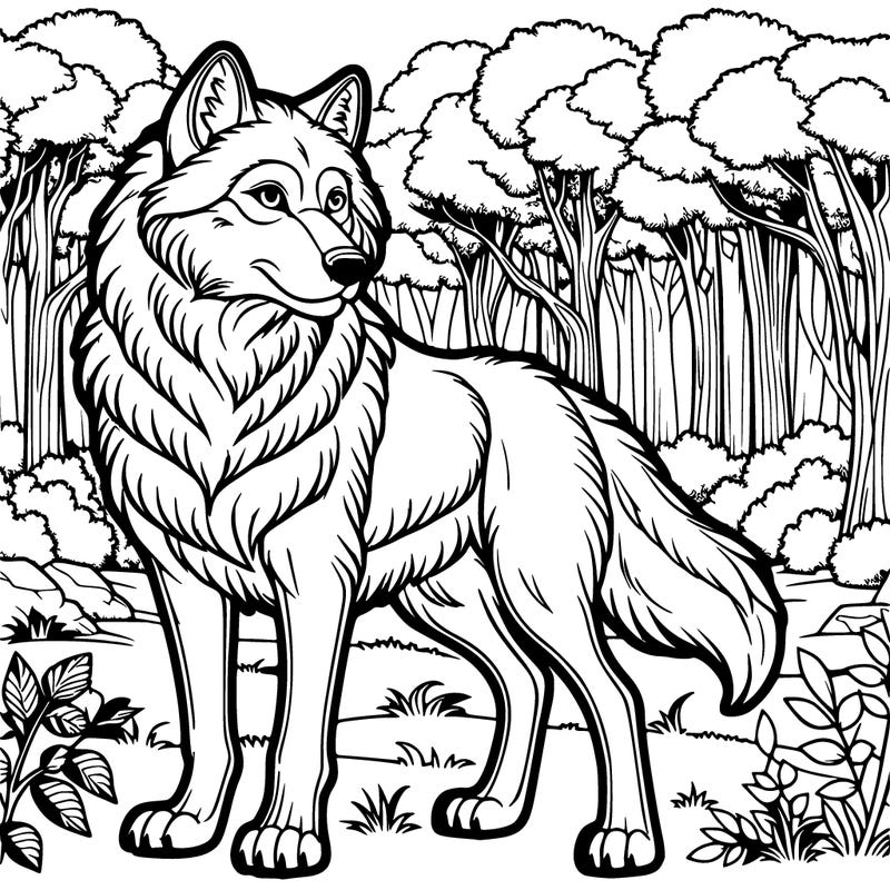 realistic wolf with trees in the background