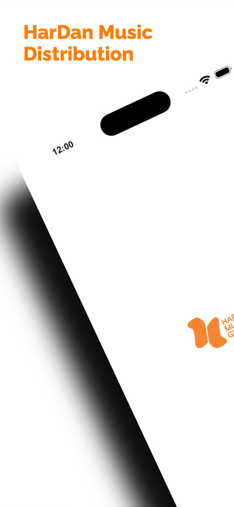 HarDan Music Distribution mobile app splash screen featuring an orange logo and title.