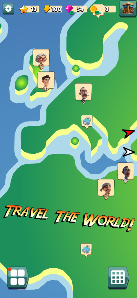 Tomb Trek Match & Merge - Tomb Trek Match and Merge game world map screen with character icons and Travel the World text