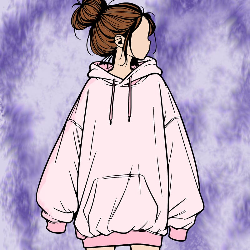 realistic girl with a oversized sweatshirt on and a bun