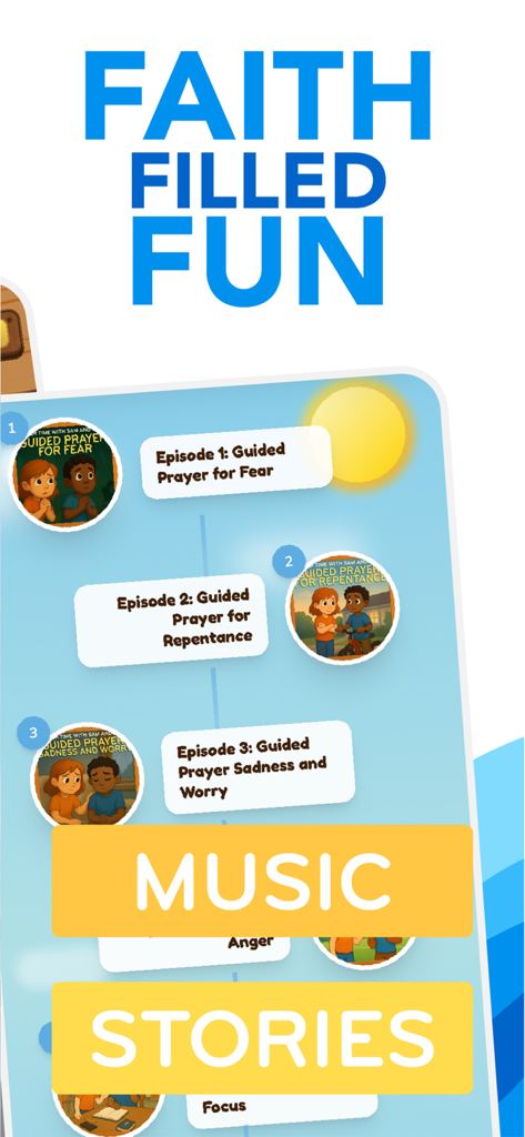 Godly Kids: Bible app for kids - Godly Kids app interface showcasing music stories and guided prayer episodes for children