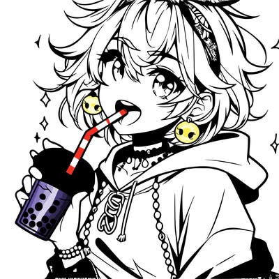 hot baddie anime girl drinking boba and biting the straw