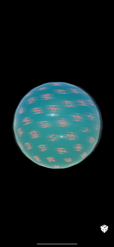 Dice Dice - Ein 3D-türkisfarbener kugelförmiger W100-Würfel mit pinken Zahlen auf schwarzem Hintergrund aus der Würfel Würfel-App