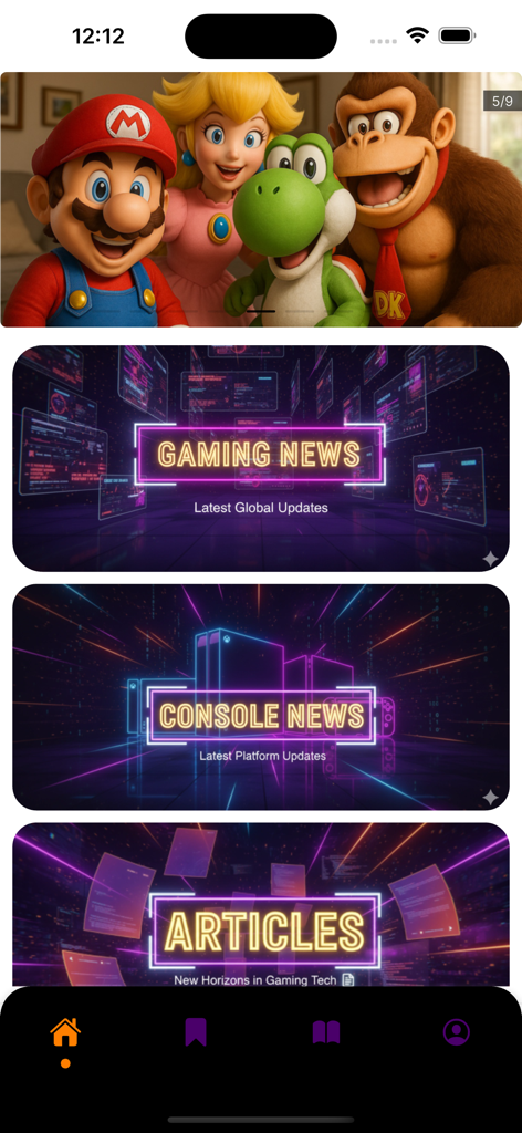 Gamezawy Magazine - Pantalla de inicio de la aplicación Gamezawy Magazine mostrando categorías para noticias de videojuegos y actualizaciones de consolas