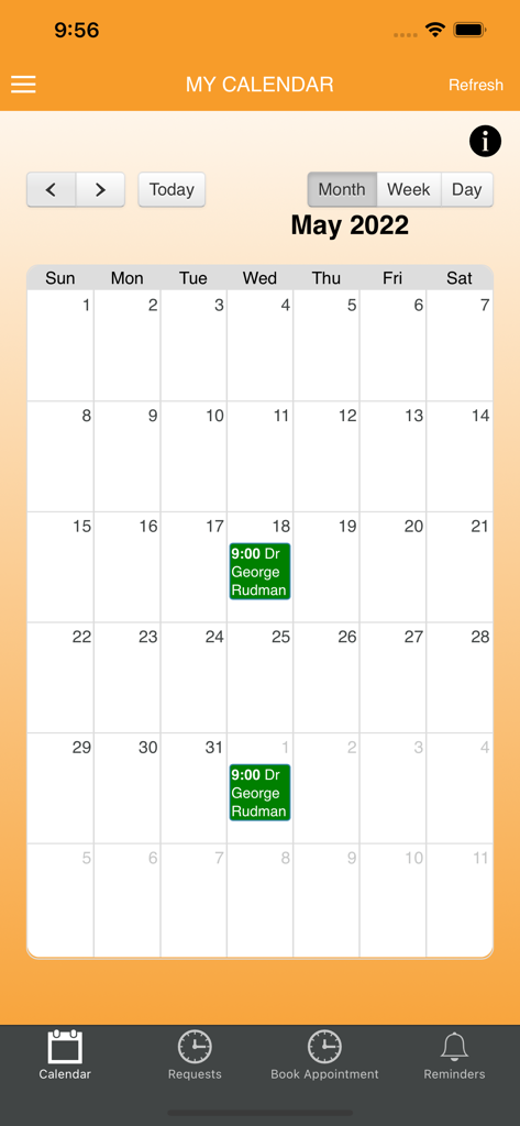 Calendário mensal do aplicativo HealthDocs mostrando consultas médicas e agendamento de saúde.