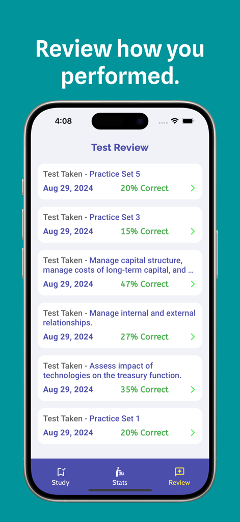 Mobile screen showing CTP practice test results and performance tracking history