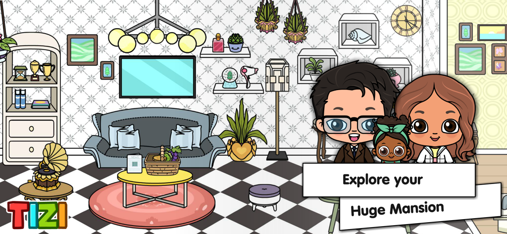 A cartoon family posing inside a decorated living room of a luxury mansion.