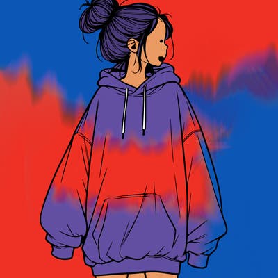 realistic girl with a oversized sweatshirt on and a bun