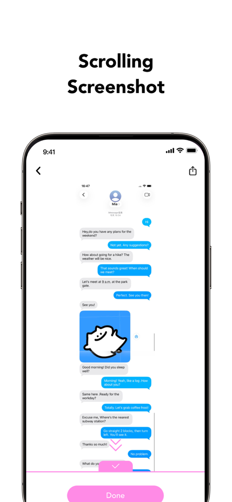 GlowCamのスクロールキャプチャ機能が表示されたスマートフォン、長いチャットスレッドをキャプチャするため