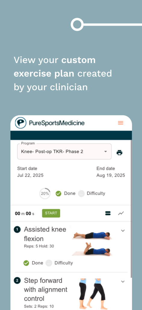 Pure Sports Medicine - Interfaz de la aplicación Medicina Deportiva Pura que muestra un plan de ejercicios personalizado para la recuperación de rodilla.