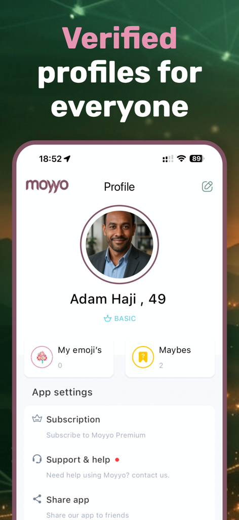 Moyyo - Page de profil de l'application de rencontre Moyyo affichant un utilisateur vérifié nommé Adam Haji avec des options de paramètres et d'abonnement.