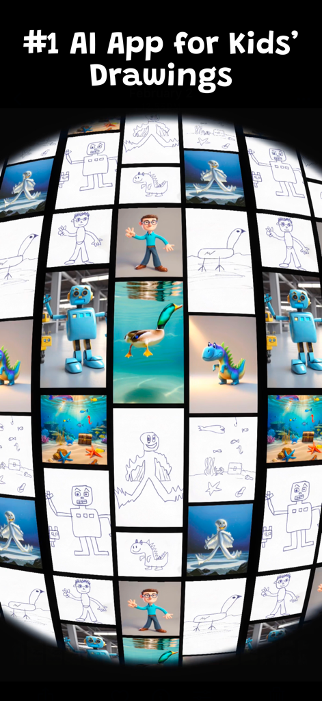 Drawings Alive AI: Sketch & 3D - A grid of children's drawings next to their AI-generated 3D and realistic versions.