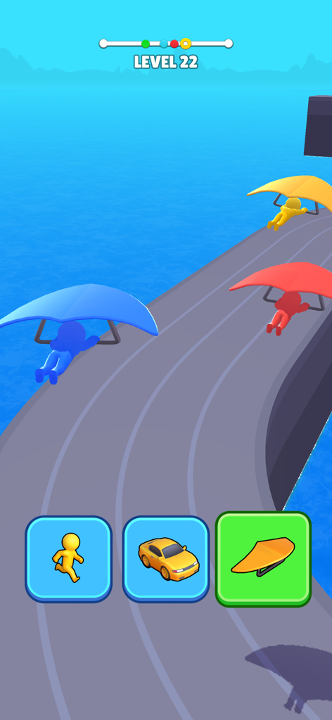 Gameplay screen of Wheels Change Challenge showing characters using hang gliders on a racing track over water