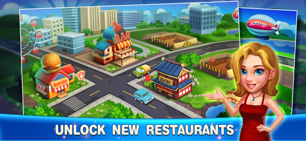 Happy Cooking 3: Cooking Games - Happy Cooking 3 game screen showing a cartoon city map with different themed restaurants and a female chef character.