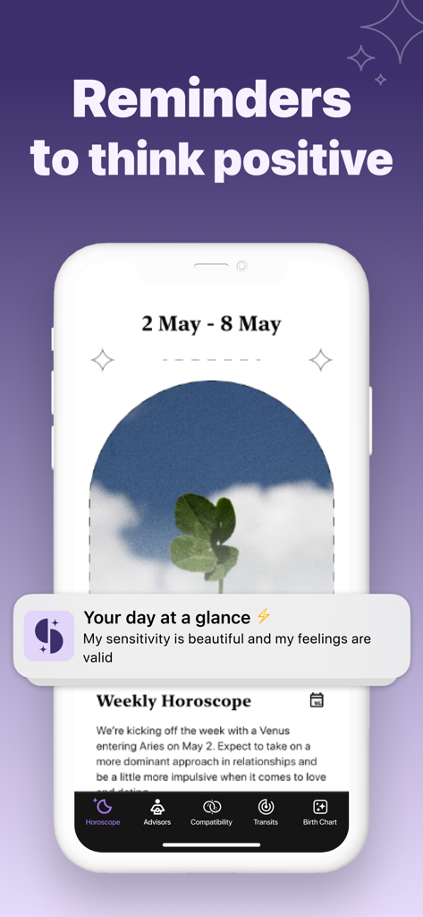 Serene: Talk to Astrologer - Serene app screen showing a daily positive affirmation notification and weekly horoscope details