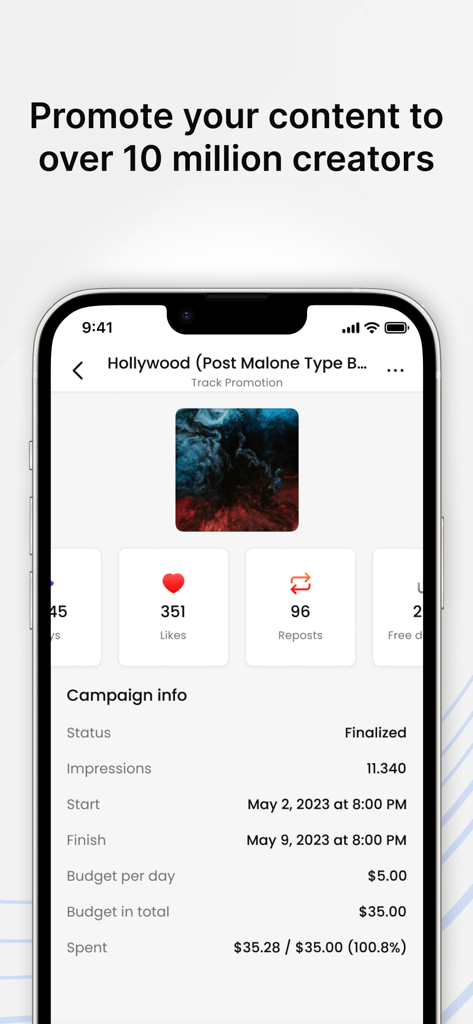 Interface mostrando estatísticas de campanha de promoção de faixas de música e orçamento no aplicativo BeatStars Studio