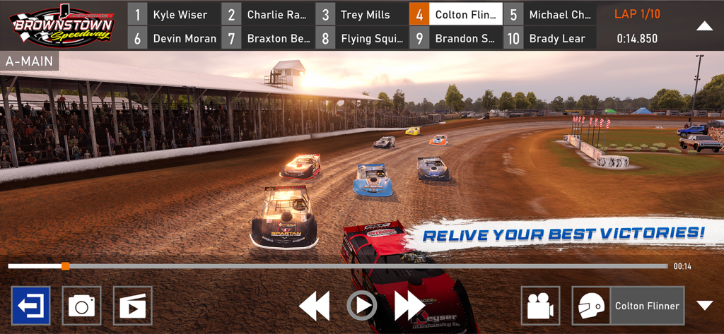 Dirt Trackin 3 - Race replay system in Dirt Trackin 3 showing late model cars on Brownstown Speedway dirt track