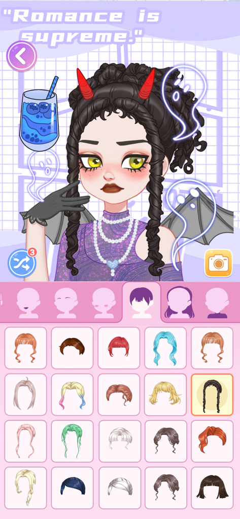 Doll Avatar Maker: Design - A character customization screen in the Doll Avatar Maker app showing a gothic doll and various hairstyle options