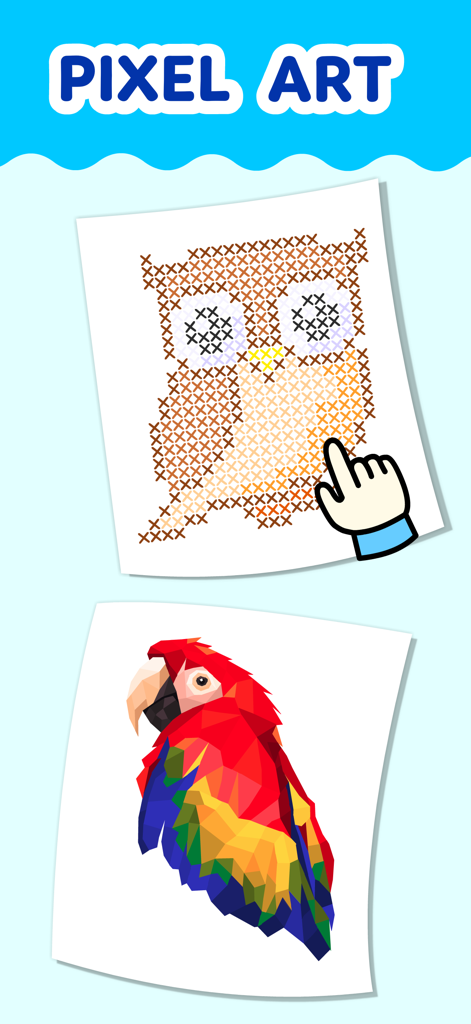 Pixel art coloring activity for kids featuring a cross-stitch style owl and a geometric parrot.