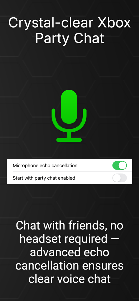 OneCast app interface showing Xbox Party Chat settings and microphone echo cancellation toggle.