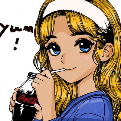 realistic girl drinking cola and is wearing a headband