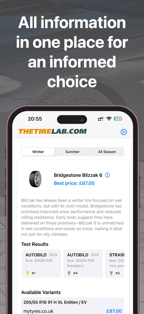 Tires Lab - Tires Lab app interface showing Bridgestone Blizzak winter tire test results and real time price comparison.
