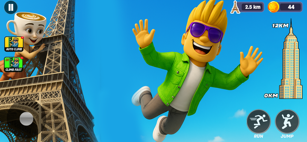 A cartoon character jumping in front of the Eiffel Tower in Crazy Jump Tower Obby gameplay