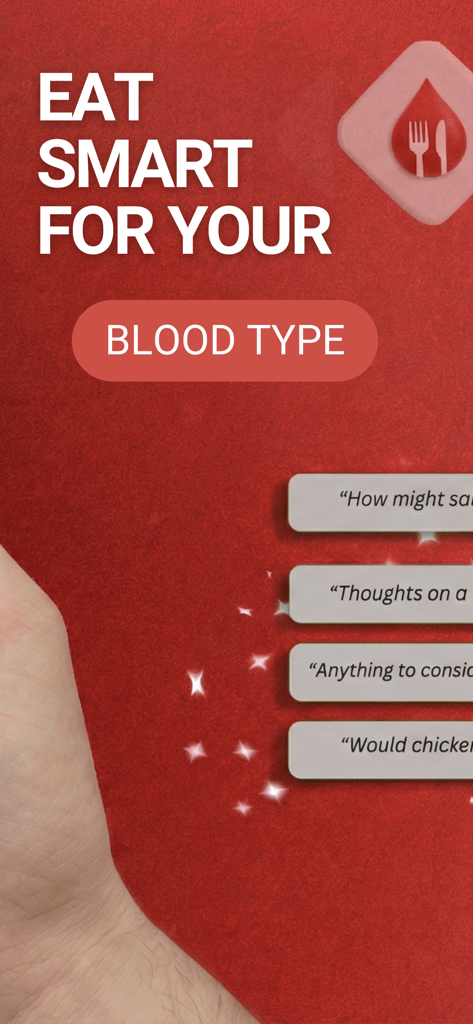 Blood Type Foods App - テクスチャード加工の赤い背景に「血液型に合わせた賢い食事」という見出しをフィーチャーした血液型別食品アプリのプロモーション画面
