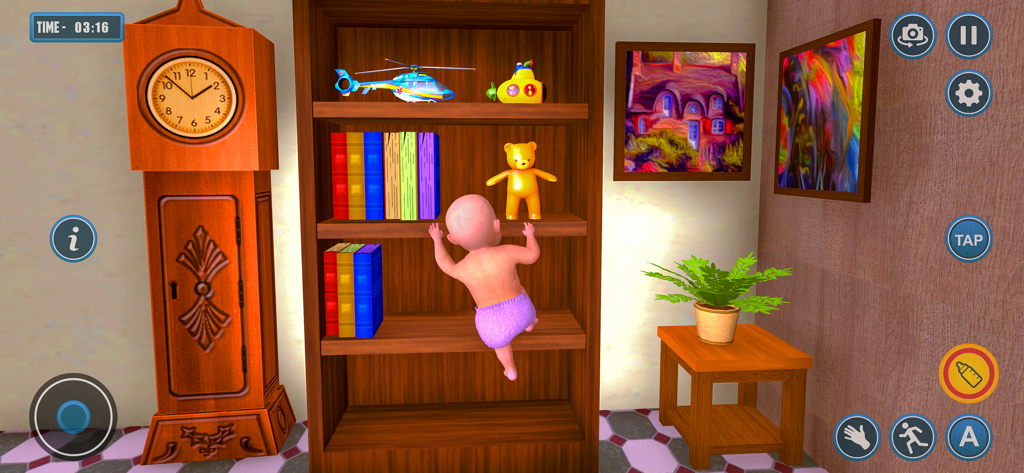 Virtual Baby and Mom Simulator - Un bebé virtual en 3D con pañal morado trepando una estantería de madera en un entorno de sala de estar.