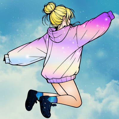 realistic girl jumping with a bun and oversized sweatshirt