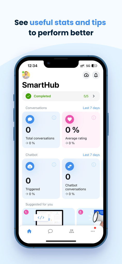 Dashboard dell'app mobile Smartsupp che mostra le analisi delle conversazioni e dei chatbot.