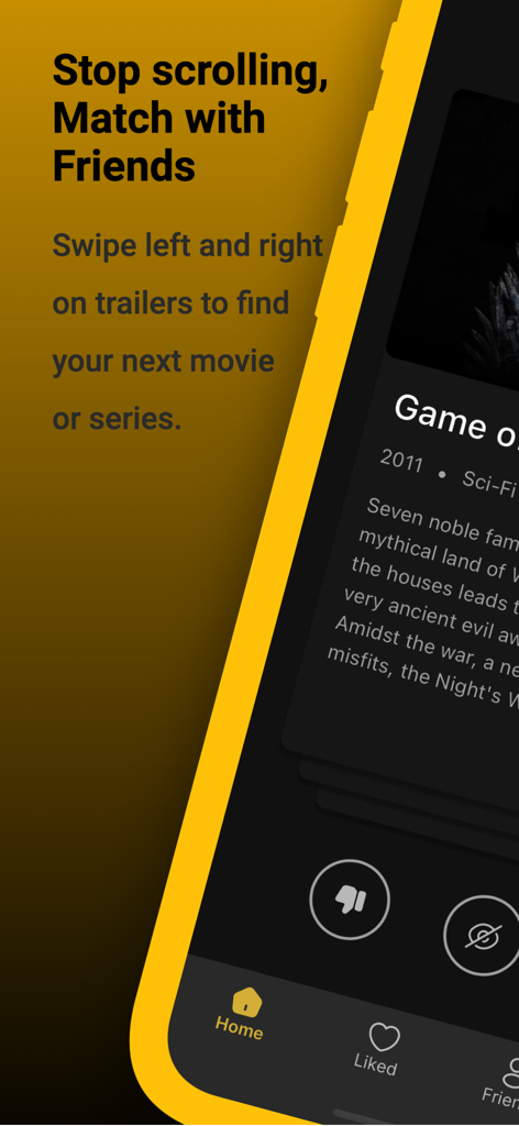 ReelMatch Movie & TV Discovery - Interface de l'application ReelMatch montrant des cartes de bandes-annonces de films et la fonction de glissement pour trouver du contenu avec des amis.