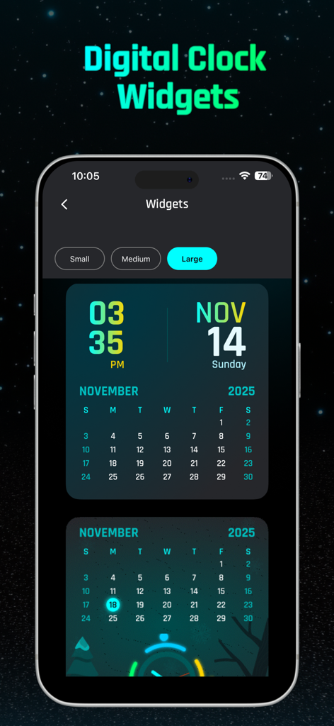 Digital Neon Night Clock - A preview of the large digital neon clock and calendar widgets for home screen customization