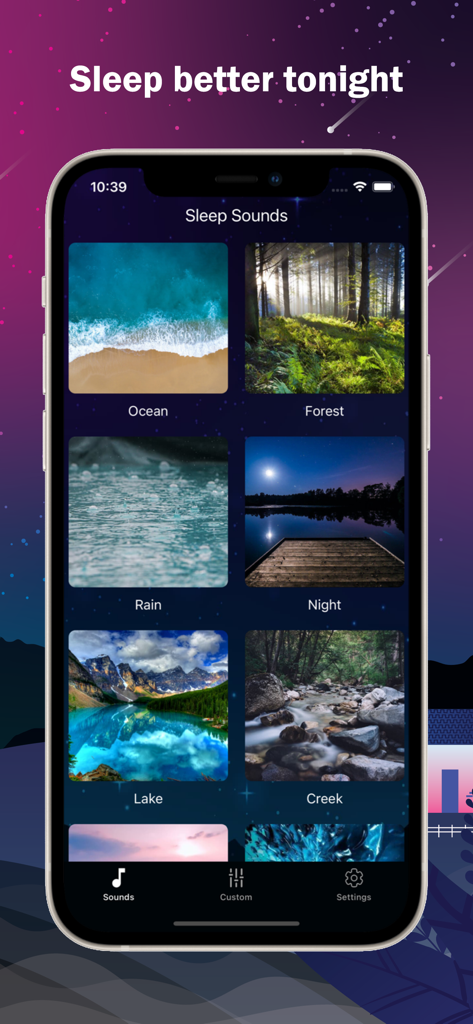 Smartphone screen of the Sleep Sounds app displaying nature sound categories for relaxation and better sleep
